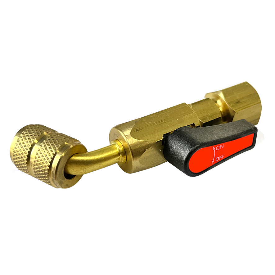 REFRIGERATION BALL VALVE 'RED'
Auto 14 mm F x 1/4" Flare F 45°—Vacuum-Rated (E33028R)