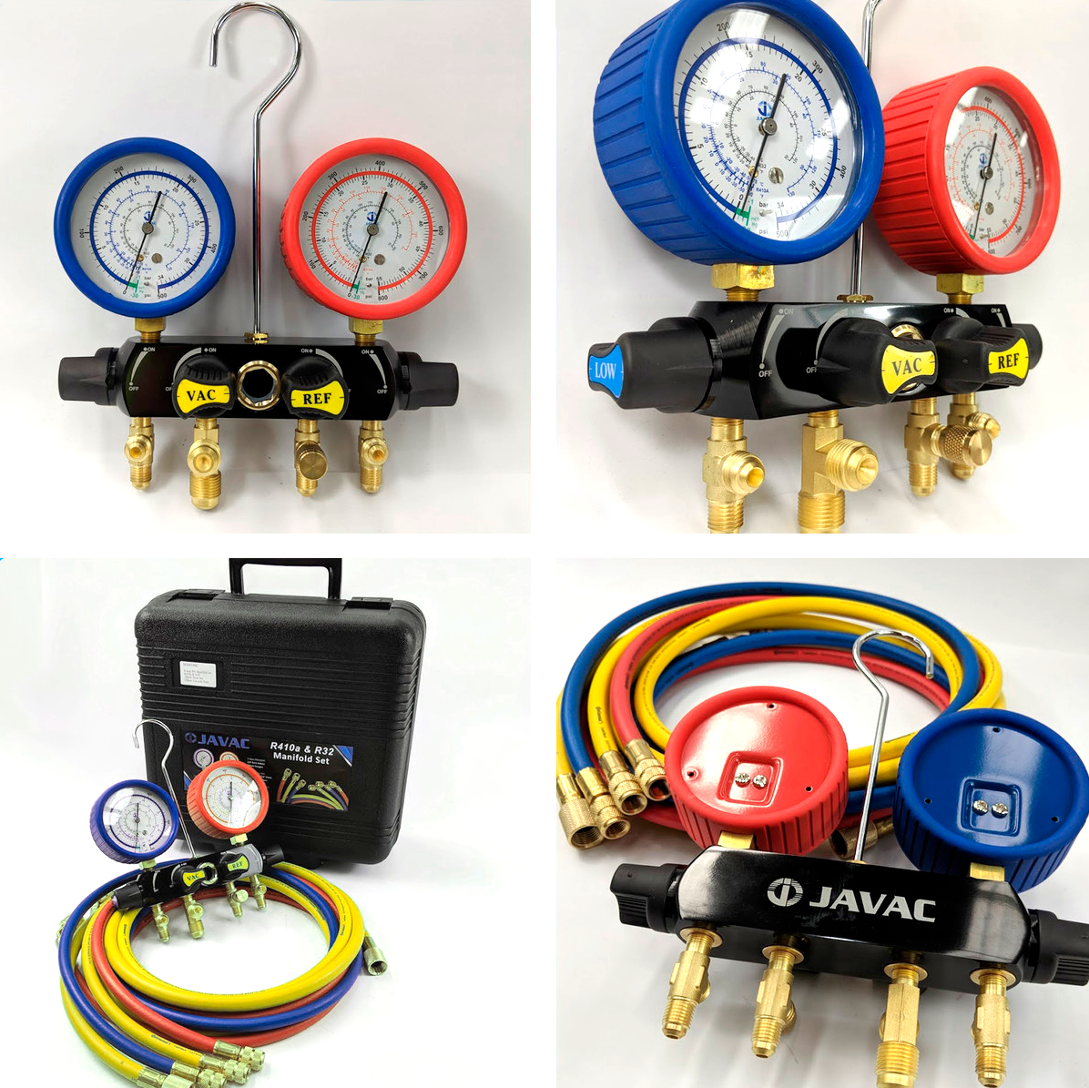 Showing the various components of the JAVAC 4-VALVE Refrigerant Manifold Set (MB4E86C)